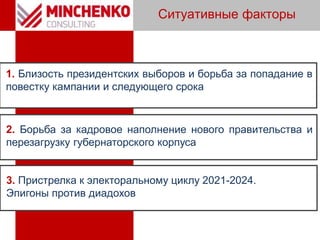 Ситуативные факторы
1. Близость президентских выборов и борьба за попадание в
повестку кампании и следующего срока
2. Борьба за кадровое наполнение нового правительства и
перезагрузку губернаторского корпуса
3. Пристрелка к электоральному циклу 2021-2024.
Эпигоны против диадохов
 