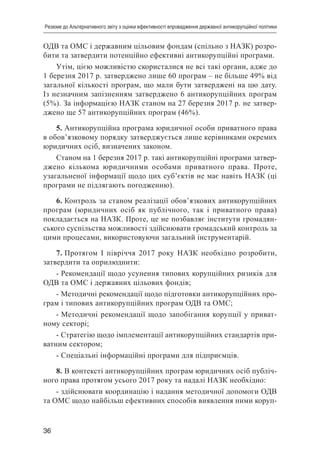 36
Резюме до Альтернативного звіту з оцінки ефективності впровадження державної антикорупційної політики
ОДВ та ОМС і державним цільовим фондам (спільно з НАЗК) розро-
бити та затвердити потенційно ефективні антикорупційні програми.
Утім, цією можливістю скористалися не всі такі органи, адже до
1 березня 2017 р. затверджено лише 60 програм – не більше 49% від
загальної кількості програм, що мали бути затверджені на цю дату.
Із незначним запізненням затверджено 6 антикорупційних програм
(5%). За інформацією НАЗК станом на 27 березня 2017 р. не затвер-
джено ще 57 антикорупційних програм (46%).
5. Антикорупційна програма юридичної особи приватного права
в обов’язковому порядку затверджується лише керівниками окремих
юридичних осіб, визначених законом.
Станом на 1 березня 2017 р. такі антикорупційні програми затвер-
джено кількома юридичними особами приватного права. Проте,
узагальненої інформації щодо цих суб’єктів не має навіть НАЗК (ці
програми не підлягають погодженню).
6. Контроль за станом реалізації обов’язкових антикорупційних
програм (юридичних осіб як публічного, так і приватного права)
покладається на НАЗК. Проте, це не позбавляє інститути громадян-
ського суспільства можливості здійснювати громадський контроль за
цими процесами, використовуючи загальний інструментарій.
7. Протягом І півріччя 2017 року НАЗК необхідно розробити,
затвердити та оприлюднити:
- Рекомендації щодо усунення типових корупційних ризиків для
ОДВ та ОМС і державних цільових фондів;
- Методичні рекомендації щодо підготовки антикорупційних про-
грам і типових антикорупційних програм ОДВ та ОМС;
- Методичні рекомендації щодо запобігання корупції у приват-
ному секторі;
- Стратегію щодо імплементації антикорупційних стандартів при-
ватним сектором;
- Спеціальні інформаційні програми для підприємців.
8. В контексті антикорупційних програм юридичних осіб публіч-
ного права протягом усього 2017 року та надалі НАЗК необхідно:
- здійснювати координацію і надання методичної допомоги ОДВ
та ОМС щодо найбільш ефективних способів виявлення ними коруп-
 