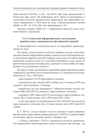 53
Резюме до Альтернативного звіту з оцінки ефективності впровадження державної антикорупційної політики
ними актами (138330), то 69 – це 0,05%, або одне провадження із
більш ніж двох тисяч. Це неймовірно мало. Якщо ж порівнювати із
загальною кількістю кримінальних проваджень про корупційні зло-
чини, направлених в 2016 році до суду з обвинувальними актами
(4646), то 69 – це 1,5%, або одне провадження із 67.
Іншими словами, НАБУ не є і найближчим часом не стане осно-
вним борцем з корупцією.
3.4. Статистична інформація щодо застосування
кримінального законодавства про протидію корупції
1. Невідворотності відповідальності за корупційні правопору-
шення не існує.
По-перше, значна кількість осіб, які займають посади, пов’язані з
високим рівнем корупційних ризиків, користується недоторканністю:
а) легальною (народні депутати України, щодо яких не можна навіть
проводити негласні слідчі дії, судді Конституційного суду, судді); б)
фактичною (депутати місцевих рад, адвокати та інші особи, які пере-
бувають під політичним «дахом»).
По-друге, особи, які вчиняють корупційні правопорушення, вміло
«вирішують питання» щодо непритягнення їх до кримінальної відпо-
відальності. Так, у 2016 році:
- зареєстровано 15770 корупційних злочинів;
- повідомлено про підозру 6052 особам, які їх вчинили (38% від
кількості зареєстрованих злочинів);
- направлено до суду проваджень з обвинувальними актами сто-
совно 4646 осіб (29% від кількості зареєстрованих злочинів);
- засуджено 1083 таких осіб (7% від кількості зареєстрованих зло-
чинів). Це в 3 рази менше, ніж в 2013 році (3011 осіб);
- із них засуджено до позбавлення волі 94 осіб (0,6% від кількості
зареєстрованих злочинів). Це в 3,5 рази менше, ніж в 2013 році (344
особи).
2. У 2015 р. стався певний «сплеск» кількості зареєстрованих
кримінальних корупційних правопорушень і в 2016 р. їх рівень майже
не знизився. Проте, викликає тривогу той факт, що:
- у 2016 р. порівняно з 2015 р. зменшилась кількість криміналь-
них корупційних правопорушень, у яких оголошено про підозру – на
 