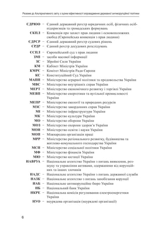 6
Резюме до Альтернативного звіту з оцінки ефективності впровадження державної антикорупційної політики
ЄДРЮО – Єдиний державний реєстр юридичних осіб, фізичних осіб-
підприємців та громадських формувань
ЄКПЛ – Конвенція про захист прав людини і основоположних
свобод (Європейська конвенція з прав людини)
ЄДРСР – Єдиний державний реєстр судових рішень
ЄРДР – Єдиний реєстр досудових розслідувань
ЄСПЛ – Європейський суд з прав людини
ЗМІ – засоби масової інформації
ЗС – Збройні Сили України
КМ – Кабінет Міністрів України
КМРЄ – Комітет Міністрів Ради Європи
КС – Конституційний Суд України
МАПП – Міністерство аграрної політики та продовольства України
МВС – Міністерство внутрішніх справ України
МЕРТ – Міністерство економічного розвитку і торгівлі України
МЕВП – Міністерство енергетики та вугільної промисловості
України
МЕПР – Міністерство екології та природних ресурсів
МЗС – Міністерство закордонних справ України
МІ – Міністерство інфраструктури України
МК – Міністерство культури України
МО – Міністерство оборони України
МОЗ – Міністерство охорони здоров’я України
МОН – Міністерство освіти і науки України
МОП – Міжнародна організація праці
МРР – Міністерство регіонального розвитку, будівництва та
житлово-комунального господарства України
МСП – Міністерство соціальної політики України
МФ – Міністерство фінансів України
МЮ – Міністерство юстиції України
НАВРУА – Національне агентство України з питань виявлення, роз-
шуку та управління активами, одержаними від корупцій-
них та інших злочинів
НАДС – Національне агентство України з питань державної служби
НАЗК – Національне агентство з питань запобігання корупції
НАБ – Національне антикорупційне бюро України
НБ – Національний банк України
НКРЕ – Національна комісія регулювання електроенергетики
України
НУО – неурядова організація (неурядові організації)
 