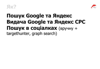 Як?
Пошук Google та Яндекс
Видача Google та Яндекс CPC
Пошук в соціалках (вручну +
targethunter, graph search)
 