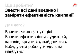 Що зробити?
Звести всі дані воєдино і
заміряти ефективність кампанії
Для чого?
Бачити, чи досягнуті цілі
Бачити ефективність: аудиторій,
каналів, креативів, майданчиків.
Вибудувати робочу модель на
майбутнє
 