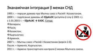 Эканамічная інтэграцыя ў межах СНД
1995 г. – першая дамова пра Мытны саюз з Расіяй і Казахстанам.
2000 г. – падпісанне дамовы аб ЕўрАзЭС (уступіла ў сілу ў 2001 г.).
з 1.01.2015 г. – ЕўрАзЭС → ЕАЭС. Склад:
Беларусь;
Расія;
Казахстан;
Кыргызстан;
Арменія.
2007 г. – Мытны саюз з Расіяй і Казахстанам (версія 2.0).
Пасля: + Арменія, Кыргызстан.
2011 г. – Адмена транспартнага кантроля ў межах Мытнага саюза.
 