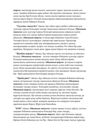 шарты: оқушылар ортаға шығып, дөңгеленіп тұрып, мұғалім қолына доп
алып, тақырып бойынша сұрақ қойып, бір оқушыға лақтырады. Допты қағып
алған оқушы бар білгенін айтып, тоқтап қалған жерінен келесі оқушыға
жалғастыруға береді. Осылай оқушылардың дайындықтарының қаншалықты
дәрежеде екенін байқауға болады.
"Тұлғаны танып біл" ойыны. Бұл ойын түрін әдебиет сабағында ұлы
тұлғалар туралы білімдерін тексеру мақсатында ойнатуға болады. Ойынның
мақсаты: ұлы тұлғалар туралы білімдері қаншалықты дәрежеде екенін
анықтау және есте сақтау қабілеттерінің қаншалықты жақсы екенін
айқындау. Ойынның шарты: өз қалаулары бойынша топқа бөлінеді.
Топтарға белгілі тұлғалардың портреттері таратылады. Оқушылар
портреттегі адамның өмірі мен шығармашылығы, қызметі, жазған
шығармаларын естеріне түсіріп, топ ішінде талдайды. Өз тобын бір адам
қорғайды. Неғұрлым толық және дұрыс жауап берген топ жеңімпаз атанады.
"Жұмбақ портрет" ойыны. Бұл ойынды сергіту сәті ретінде де ойнатуға
болады. Ойынның мақсаты: өтілген тақырып бойынша тұлғалар туралы
білімдері қаншалықты екенін анықтау және ойлау қабілеттерінің
қаншалықты дамығанын анықтау. Ойынның шарты: әр оқушы өздеріне
ұнаған тұлғалардың портреттерін жазып келеді, содан кейін оны сыныпқа
келіп, басқа оқушыларға жасырады. Ал сергіту сәті ретінде оқушылар
сыныптағы бір оқушының портретін жазып, оны жасырады. Бұдан оқушылар
бір - бірін қаншалықты білетіндерін аңғаруға болады.
"Брейн-ринг" ойыны. Бұл ойынды өтілген тақырып бойынша қайталау
немесе үй жұмысын тексеру мақсатында ойнатуға болады. Ойынның
мақсаты: өткен тақырып немесе үй жұмысы бойынша оқушылардың
білімдерін тексеру немесе білімдерін нығайтып, ептіліктерін тексеру.
Ойынның шарты: оқушыларды жеті адамнан тұратын топқа бөлеміз. Әр
топтың столына алтыға дейін нөмір үлестіріледі де, жетінші оқушы
жүргізуші болады. Әр топтың столына алтыға бөлінген дөңгелек сектор, әр
секторға үш сұрақ және кубик беріледі. Жүргізуші кубикті тастағанда қай
нөмір шықса, соған сәйкес нөмірдің оқушысы сол нөмірдегі сектордың
сұрағына жауап береді. Жүргізуші бағалайды.
"КТК" ойыны. Ойынның мақсаты: топпен жұмыс істеуге үйрету, өтілген
тақырып бойынша қаншалықты білімдері бар, соны тексеру,
тапқырлықтарын ұштау. Ойынның шарты: ойын төрт бөлімнен тұрады.
Оқушыларды үш топқа бөліп, әр бөлім тапсырмалары бойынша жарыстыру.
Бірінші бөлім бойынша үш топ бір - біріне белгілі бір уақыт ішінде сұрақтар
 
