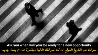 Ask you when will your be ready for a new opportunity
‫جدي‬ ‫بعمل‬ ‫الدوام‬ ‫ومباشرة‬ ‫احلالية‬ ‫شركتك‬ ‫لرتكك‬ ‫املتوقع‬ ‫التاريخ‬ ‫عن‬ ‫سؤالك‬‫د‬
 