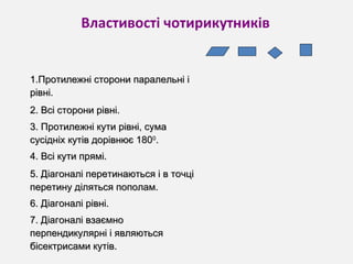 Властивості чотирикутників
1.Протилежні сторони паралельні і1.Протилежні сторони паралельні і
рівні.рівні.
2. Всі сторони рівні.2. Всі сторони рівні.
3. Протилежні кути рівні, сума3. Протилежні кути рівні, сума
сусідніх кутів дорівнює 180сусідніх кутів дорівнює 18000
..
4. Всі кути прямі.4. Всі кути прямі.
5. Діагоналі перетинаються і в точці5. Діагоналі перетинаються і в точці
перетину діляться пополам.перетину діляться пополам.
6. Діагоналі рівні.6. Діагоналі рівні.
7. Діагоналі взаємно7. Діагоналі взаємно
перпендикулярні і являютьсяперпендикулярні і являються
бісектрисами кутів.бісектрисами кутів.
 