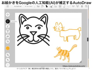 お絵かきをGoogleの人工知能(AI)が補正するAutoDraw
イーンスパイア（株）横田秀珠の著作権を尊重しつつ、是非ノウハウをシェアしよう！ 2
https://www.autodraw.com/
 