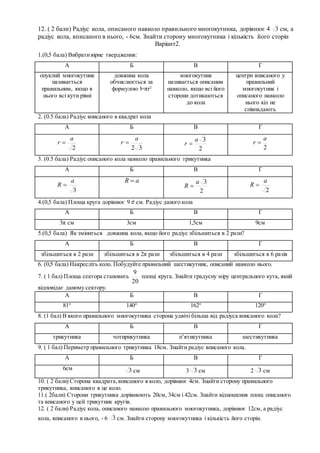12. ( 2 бали) Радіус кола, описаного навколо правильного многокутника, дорівнює 4 3 см, а
радіус кола, вписаного в нього, - 6см. Знайти сторону многокутника і кількість його сторін
Варіант2.
1.(0,5 бала) Вибративірне твердження:
А Б В Г
опуклий многокутник
називається
правильним, якщо в
нього всі кути рівні
довжина кола
обчислюється за
формулою l=πr2
многокутник
називається описаним
навколо, якщо всі його
сторони дотикаються
до кола
центри вписаного у
правильний
многокутник і
описаного навколо
нього кіл не
співпадають
2. (0.5 бала) Радіус вписаного в квадрат кола
А Б В Г
2
a
r 
32
a
r 
2
3a
r 
2
a
r 
3. (0.5 бала) Радіус описаного кола навколо правильного трикутника
А Б В Г
3
a
R 
aR 
2
3a
R 
2
a
R 
4.(0,5 бала) Площа круга дорівнює 9 см. Радіус даного кола
А Б В Г
3π cм 3см 1,5см 9см
5.(0,5 бала) Як зміниться довжина кола, якщо його радіус збільшиться в 2 рази?
А Б В Г
збільшиться в 2 рази збільшиться в 2π рази збільшиться в 4 рази збільшиться в 6 разів
6. (0,5 бала) Накресліть коло. Побудуйте правильний шестикутник, описаний навколо нього.
7. ( 1 бал) Площа сектора становить
20
9
площі круга. Знайти градусну міру центрального кута, який
відповідає даному сектору.
А Б В Г
81° 140° 162° 120°
8. (1 бал) В якого правильного многокутника сторона удвічі більша від радіуса вписаного кола?
А Б В Г
трикутника чотирикутника п’ятикутника шестикутника
9. ( 1 бал) Периметр правильного трикутника 18см. Знайти радіус вписаного кола.
А Б В Г
6см 3 см 3 3 см 2 3 см
10. ( 2 бали) Сторона квадрата,вписаного в коло, дорівнює 4см. Знайти сторону правильного
трикутника, вписаного в це коло.
11.( 2бали) Сторони трикутника дорівнюють 20см, 34см і 42см. Знайти відношення площ описаного
та вписаного у цей трикутник кругів.
12. ( 2 бали) Радіус кола, описаного навколо правильного многокутника, дорівнює 12см, а радіус
кола, вписаного в нього, - 6 3 см. Знайти сторону многокутника і кількість його сторін.
 