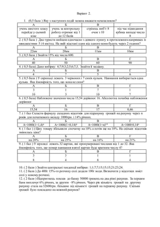 Варіант 2.
1. (0,5 бала ) Яку з наступних подій можна вважати неможливою?
А Б В Г
учень шостого класу
перейде у сьомий
клас
учень за контрольну
роботу отримає від 1
до 12 балів
стрілець виб’є 8
очок з 10
під час підкидання
кубика випаде число
8
2. ( 0,5 бала ) Два туристи вийшли одночасно з деякого пункту в протилежнихнапрямках із
швидкостями 5 і 6 км/год. На якій відстані один від одного вони будуть через 2 години?
А Б В Г
22км 20км 11км 10км
3. ( 0,5 бала ) Знайти 15% від числа 600.
А Б В Г
40 50 60 90
4. ( 0,5 бала) Дано вибірку: 4;7;9;3;2;5;6;7;3. Знайти її медіану.
А Б В Г
4 7 5 6
5. ( 0,5 бала ) У скриньці лежать 3 червоних і 7 синіх кульок. Навмання вибирається одна
кулька. Яка ймовірність того, що вона не синя?
А Б В Г
10
3
3
1
10
7
7
1
6. ( 0,5 бала) Наближене значення числа 15,54 дорівнює 16. Абсолютна похибка наближення
дорівнює
А Б В Г
15,54 16 17 0,46
7. ( 1 бал Скласти формулу складних відсотків для підрахунку грошей на рахунку через n
років для початкового вкладу 1000грн. і 14% річних.
А Б В Г
А=1000(1+1,4)n А=1000(1+0,14)n А=1000(1+n)14 А=1000∙0,14n
8. ( 1 бал ) ) Ціну товару збільшили спочатку на 10% а потім ще на 10%. На скільки відсотків
змінилась ціна?
А Б В Г
на 20% на 25% на 16% на 21%
9. ( 1 бал ) У шухляді лежать 32 картки, які пронумеровані числами від 1 до 32. Яка
ймовірність того, що номер навмання взятої картки буде кратним числу 4?
А Б В Г
8
3
4
3
8
1
4
1
10. ( 2 бали ) Знайти центральні тенденції вибірки: 1;1;7;7;15;15;15;21;23;24.
11. ( 2 бали ) До 400г 15%-го розчину солі додали 100г води. Визначити у відсотках вміст
солі у новому розчині.
12. ( 2 бали ) Підприємець поклав до банку 50000 гривень на два різні рахунки. За першим
банк виплачує 6% річних, за другим –8% річних. Через рік кількість грошей на другому
рахунку стала на 32600грн. більшою від кількості грошей на першому рахунку. Скільки
грошей було покладено на кожний рахунок?
 
