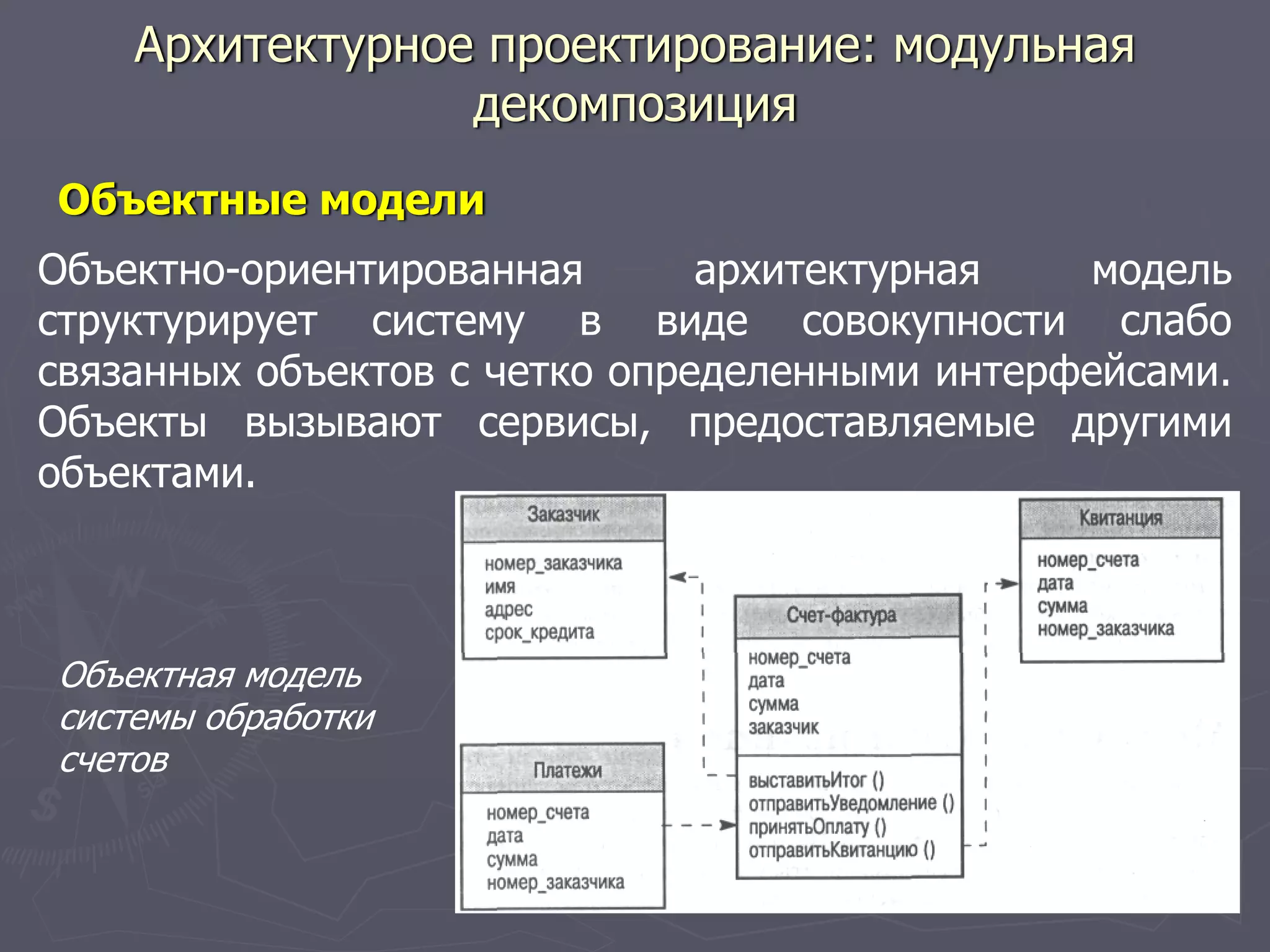 Архитектурное проектирование: модульная
декомпозиция
Объектные модели
Объектно-ориентированная архитектурная модель
структурирует систему в виде совокупности слабо
связанных объектов с четко определенными интерфейсами.
Объекты вызывают сервисы, предоставляемые другими
объектами.
Объектная модель
системы обработки
счетов
 