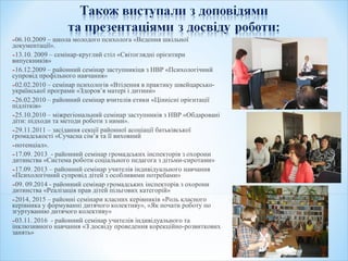 -06.10.2009 – школа молодого психолога «Ведення шкільної
документації».
-13.10. 2009 – семінар-круглий стіл «Світоглядні орієнтири
випускників»
-16.12.2009 – районний семінар заступникіцв з НВР «Психологічний
супровід профільного навчання»
-02.02.2010 – семінар психологів «Втілення в практику швейцарсько-
української програми «Здоров’я матері і дитини»
-26.02.2010 – районний семінар вчителів етики «Ціннісні орієнтації
підлітків»
-25.10.2010 – міжрегіональний семінар заступників з НВР «Обдаровані
діти: підходи та методи роботи з ними».
-29.11.2011 – засідання секції районної асоціації батьківської
громадськості «Сучасна сім’я та її виховний
-потенціал».
-17.09. 2013 - районний семінар громадських інспекторів з охорони
дитинства «Система роботи соціального педагога з дітьми-сиротами»
-17.09. 2013 – районний семінар учителів індивідуального навчання
«Психологічний супровід дітей з особливими потребами»
-09. 09.2014 - районний семінар громадських інспекторів з охорони
дитинства «Реалізація прав дітей пільгових категорій»
-2014, 2015 – районні семінари класних керівників «Роль класного
керівника у формуванні дитячого колективу», «Як почати роботу по
згуртуванню дитячого колективу»
-03.11. 2016 - районний семінар учителів індивідуального та
інклюзивного навчання «З досвіду проведення корекційно-розвиткових
занять»
 