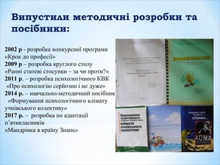 2002 р - розробка конкурсної програми
«Крок до професії»
2009 р – розробка круглого столу
«Ранні статеві стосунки – за чи проти?»
2011 р. – розробка психологічного КВК
«Про психологію серйозно і не дуже»
2014 р. – навчально-методичний посібник
«Формування психологічного клімату
учнівського колективу»
2017 р. – розробка по адаптації
п’ятикласників
«Мандрівка в країну Знань»
Випустили методичні розробки та
посібники:
 