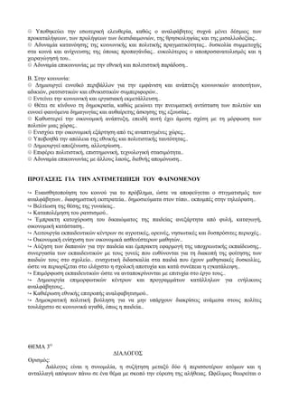 ☹ Υποθηκεύει την εσωτερική ελευθερία, καθώς ο αναλφάβητος συχνά μένει δέσμιος των
προκαταλήψεων, των προλήψεων των δεισιδαιμονιών, της θρησκοληψίας και της μισαλλοδοξίας..
☹ Αδυναμία κατανόησης της κοινωνικής και πολιτικής πραγματικότητας.. δυσκολία συμμετοχής
στα κοινά και ανίχνευσης της όποιας προπαγάνδας.. ευκολότερος ο αποπροσανατολισμός και η
χειραγώγησή του..
☹ Αδυναμία επικοινωνίας με την εθνική και πολιτιστική παράδοση..
Β. Στην κοινωνία:
☹ Δημιουργεί ευνοϊκό περιβάλλον για την εμφάνιση και ανάπτυξη κοινωνικών ανισοτήτων,
αδικιών, ρατσιστικών και εθνικιστικών συμπεριφορών..
☹ Εντείνει την κοινωνική και εργασιακή εκμετάλλευση..
☹ Θέτει σε κίνδυνο τη δημοκρατία, καθώς μειώνει την πνευματική αντίσταση των πολιτών και
ευνοεί φαινόμενα δημαγωγίας και αυθαίρετης άσκησης της εξουσίας..
☹ Καθυστερεί την οικονομική ανάπτυξη, επειδή αυτή έχει άμεση σχέση με τη μόρφωση των
πολιτών μιας χώρας..
☹ Ενισχύει την οικονομική εξάρτηση από τις αναπτυγμένες χώρες..
☹ Υποβοηθά την απώλεια της εθνικής και πολιτιστικής ταυτότητας..
☹ Δημιουργεί αποξένωση, αλλοτρίωση..
☹ Επιφέρει πολιτιστική, επιστημονική, τεχνολογική στασιμότητα..
☹ Αδυναμία επικοινωνίας με άλλους λαούς, διεθνής απομόνωση..
ΠΡΟΤΑΣΕΙΣ ΓΙΑ ΤΗΝ ΑΝΤΙΜΕΤΩΠΙΣΗ ΤΟΥ ΦΑΙΝΟΜΕΝΟΥ
↪ Ευαισθητοποίηση του κοινού για το πρόβλημα, ώστε να αποφεύγεται ο στιγματισμός των
αναλφάβητων.. διαφημιστική εκστρατεία.. δημοσιεύματα στον τύπο.. εκπομπές στην τηλεόραση..
↪ Βελτίωση της θέσης της γυναίκας..
↪ Καταπολέμηση του ρατσισμού..
↪ Έμπρακτη κατοχύρωση του δικαιώματος της παιδείας ανεξάρτητα από φυλή, καταγωγή,
οικονομική κατάσταση..
↪ Λειτουργία εκπαιδευτικών κέντρων σε αγροτικές, ορεινές, νησιωτικές και δυσπρόσιτες περιοχές..
↪ Οικονομική ενίσχυση των οικονομικά ασθενέστερων μαθητών..
↪ Αύξηση των δαπανών για την παιδεία και έμπρακτη εφαρμογή της υποχρεωτικής εκπαίδευσης..
συνεργασία των εκπαιδευτικών με τους γονείς που ευθύνονται για τη διακοπή της φοίτησης των
παιδιών τους στο σχολείο.. ενισχυτική διδασκαλία στα παιδιά που έχουν μαθησιακές δυσκολίες,
ώστε να περιορίζεται στο ελάχιστο η σχολική αποτυχία και κατά συνέπεια η εγκατάλειψη..
↪ Επιμόρφωση εκπαιδευτικών ώστε να ανταποκρίνονται με επιτυχία στο έργο τους..
↪ Δημιουργία επιμορφωτικών κέντρων και προγραμμάτων κατάλληλων για ενήλικους
αναλφάβητους..
↪ Καθιέρωση εθνικής επιτροπής αναλφαβητισμού..
↪ Δημοκρατική πολιτική βούληση για να μην υπάρχουν διακρίσεις ανάμεσα στους πολίτες
τουλάχιστο σε κοινωνικά αγαθά, όπως η παιδεία..
ΘΕΜΑ 3Ο
ΔΙΑΛΟΓΟΣ
Ορισμός:
Διάλογος είναι η συνομιλία, η συζήτηση μεταξύ δύο ή περισσοτέρων ατόμων και η
ανταλλαγή απόψεων πάνω σε ένα θέμα με σκοπό την εύρεση της αλήθειας. Ωφέλιμος θεωρείται ο
 