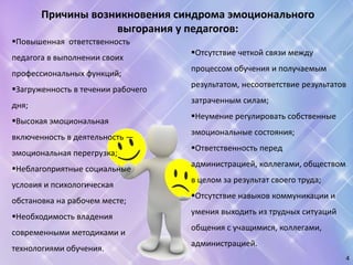 Причины возникновения синдрома эмоционального
выгорания у педагогов:
Повышенная ответственность
педагога в выполнении своих
профессиональных функций;
Загруженность в течении рабочего
дня;
Высокая эмоциональная
включенность в деятельность —
эмоциональная перегрузка;
Неблагоприятные социальные
условия и психологическая
обстановка на рабочем месте;
Необходимость владения
современными методиками и
технологиями обучения.
Отсутствие четкой связи между
процессом обучения и получаемым
результатом, несоответствие результатов
затраченным силам;
Неумение регулировать собственные
эмоциональные состояния;
Ответственность перед
администрацией, коллегами, обществом
в целом за результат своего труда;
Отсутствие навыков коммуникации и
умения выходить из трудных ситуаций
общения с учащимися, коллегами,
администрацией.
4
 