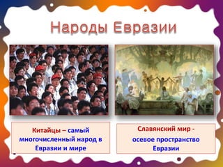 Китайцы – самый
многочисленный народ в
Евразии и мире
Славянский мир -
осевое пространство
Евразии
 