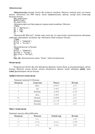 78
Айнымалалар
Айнымалылар дегеніміз белгілі бір мәліметті сақтайды. Мысалы: мәтіндік мәні, сан немесе
массив. Айнымалы аты PHP тілінде латын графикасындағы әріптер, сандар және символдар
болуына болады.
$my_exercise;
$exercise5;
$1_exercise;
Айнымалыларға мән беру арқылы оларды жасай алмаймыз. Мысалы:
<?php
$t = "Жаттығу";
$a = 231;
$d = -98;
?>
Айнымалы $t “Жаттығу” мәтінін өзіне алып тұр. Ал одан өзгеше сандық жазылған айнымалы
ешқандай тырнақшасыз қолданып тұр. Айнымалы мәнін өзгертуге болады:
<?php
$city = "Алматы";
$city = "Ақтау";
?>
Мынадай қылсақ та болады:
<?php
$city = "Алматы";
$city2 = "Ақтау";
$my_city = $city2;
?>
$my_city айнымалысына демек, “Ақтау” мәнісі қолданылады.
Операторлар
Оператор деп белгілі бір мәні қайтаратын функция немесе басқа да консрукцияларды айтуға
болады. Мысалға алатын болсақ, мәтінді айнымалыға тіркеген мәніні қайтарған print() және
echo() функцияларын айтуға болады.
Арифметикалық операторлар
Төмендегі кестеде b=4 болады:
Оператор Анықтама Мысал Нәтиже
+ Қосу a=b+1 a=5
- Алу a=b-2 а=2
* Көбейту a=b*3 a=12
/ Бөлу a=b/2 a=2
% Қалдық a=b%3 a=1
++ Арттыру a=++b a=5
-- Кемейту a=--b a=3
Тіркеу операторлар
Төмендегі кестеде x=6, y=4 болады
Оператор Мысалы Екінші түрі Нәтиже
= x=y x=6
+= x+=y x=x+y x=18
-= x-=y x=x-y x=6
 