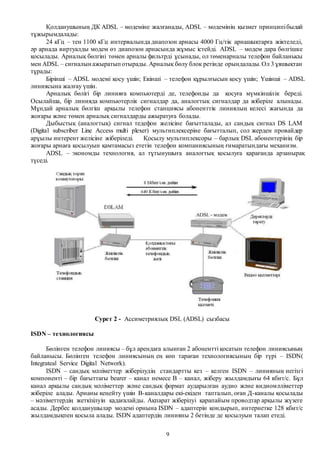 9
Қолданушының ДК ADSL – модеміне жалғанады, ADSL – модемінің қызмет принципібылай
тұжырымдалады:
24 кГц – тен 1100 кГц интервалында диапозон арнасы 4000 Гц/тік арнашықтарға жіктеледі,
әр арнада виртуалды модем өз диапозон арнасында жұмыс істейді. ADSL – модем дара бөлгішке
қосылады. Арналық бөлгіні төмен арналы фильтрді ұсынады, ол төменарналы телефон байланысы
мен ADSL – сигналын ажыратып отырады. Арналық бөлу блок ретінде орындалады.Ол 3 ұяшықтан
тұрады:
Бірінші – ADSL модемі қосу үшін; Екінші – телефон құрылғысын қосу үшін; Үшінші – ADSL
линиясына жалғау үшін.
Арналық бөлігі бір линияға компьютерді де, телефонды да қосуға мүмкіншілік береді.
Осылайша, бір линияда компьютерлік сигналдар да, аналогтық сигналдар да жіберіле алынады.
Мұндай арналық бөлгіш арқылы телефон станциясы абоненттік линиялың келесі жағында да
жоғары және төмен арналық сигналдарды ажыратуға болады.
Дыбыстық (аналогтық) сигнал тедефон желісіне бағытталады, ал сандық сигнал DS LAM
(Digital subscriber Line Access multi plexer) мультиплексеріне бағытталып, сол жерден провайдер
арұылы интерент желісіне жіберіледі. Қосылу мультиплексоры – барлық DSL абонентерінің бір
жоғары арнаға қосылуын қамтамасыз ететін телефон компаниясының ғимаратындағы механизм.
ADSL – экономды технология, ал тұтынушыға аналогтық қосылуға қарағанда арзанырақ
түседі.
Сурет 2 - Ассиметриялық DSL (ADSL) сызбасы
ISDN – технологиясы
Бөлінген телефон линиясы – бұл арендаға алынған 2 абонентті қосатын телефон линиясының
байланысы. Бөлінген телефон линиясының ең көп тараған технологиясының бір түрі – ISDN(
Integrateal Service Digital Network).
ISDN – сандық мәліметтер жіберілудің стандартты кез – келген ISDN – линияның негізгі
компоненті – бір бағыттағы bearer – канал немесе В – канал, жіберу жылдамдығы 64 кбит/с. Бұл
канал арқылы сандық мәліметтер және сандық формат аударылған аудио және видиомәліметтер
жіберіле алады. Арнаны кеңейту үшін В-каналдары екі-екіден тапталып, оған Д-каналы қосылады
– мәліметтердің жеткізілуін қадағалайды. Ақпарат жіберілуі қарапайым проводтар арқылы жүзеге
асады. Дербес қолданушылар модемі орнына ISDN – адаптерін қондырып, интернетке 128 кбит/с
жылдамдықпен қосыла алады. ISDN адаптердің линияны 2 бетінде де қосылуын талап етеді.
 