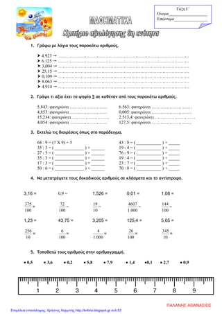 1. Γράφω με λόγια τους παρακάτω αριθμούς.
 4.923  …………………………………………………………………………….
 6.125  …………………………………………………………………………….
 3,004  …………………………………………………………………………….
 25,15  …………………………………………………………………………….
 0,109  …………………………………………………………………………….
 8.063  …………………………………………………………………………….
 4.914  …………………………………………………………………………….
2. Γράψε τι αξία έχει το ψηφίο 5 σε καθέναν από τους παρακάτω αριθμούς.
5.843: φανερώνει ……………………. 6.563: φανερώνει ………………………
4,853: φανερώνει ……………………. 0,005: φανερώνει ………………………
15,234: φανερώνει ……………………. 2.513,4: φανερώνει ………………………
4,054: φανερώνει ……………………. 127,5: φανερώνει ………………………
3. Εκτελώ τις διαιρέσεις όπως στο παράδειγμα.
68 : 9 = (7 Χ 9) + 5 43 : 8 = ( ___________ ) + _____
35 : 3 = ( _____________ ) + ______ 19 : 4 = ( ___________ ) + _____
27 : 5 = ( _____________ ) + ______ 76 : 9 = ( ___________ ) + _____
35 : 3 = ( _____________ ) + ______ 19 : 4 = ( ___________ ) + _____
17 : 3 = ( _____________ ) + ______ 23 : 7 = ( ___________ ) + _____
50 : 6 = ( _____________ ) + ______ 70 : 8 = ( ___________ ) + _____
4. Να μετατρέψετε τους δεκαδικούς αριθμούς σε κλάσματα και το αντίστροφο.
3,16 = 0,9 = 1,526 = 0,01 = 1,08 =
100
375
=
100
72
=
10
19
=
000.1
4607
=
100
144
=
1,23 = 43,75 = 3,205 = 125,4 = 5,05 =
10
256
=
100
6
=
000.1
4
=
100
26
=
10
345
=
5. Τοποθετώ τους αριθμούς στην αριθμογραμμή.
• 0,5 • 3,6 • 0,2 • 5,8 • 7,9 • 1,4 •8,1 • 2,7 • 0,9
Τάξη Γ΄
Όνομα___________________
Επώνυμο_______________
ΠΑΛΑΝΗΣ ΑΘΑΝΑΣΙΟΣ
Επιμέλεια επανάληψης: Χρήστος Χαρμπής http://kritiria.blogspot.gr σελ.53
 