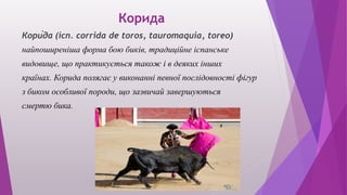 Корида
Кори́да (ісп. corrida de toros, tauromaquia, toreo)
найпоширеніша форма бою биків, традиційне іспанське
видовище, що практикується також і в деяких інших
країнах. Корида полягає у виконанні певної послідовності фігур
з биком особливої породи, що зазвичай завершуються
смертю бика.
 