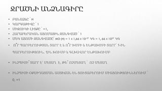 ՋՐԱԾՆԻ ԱՆՁՆԱԳԻՐԸ
• ԲԱՆԱՁևԸ ՝ H
• ԿԱՐԳԱԹԻՎԸ ՝ 1
• ՄԻՋՈՒԿԻ ԼԻՑՔԸ ՝ +1,
• ՀԱՐԱԲԵՐԱԿԱՆ ԱՏՈՄԱՅԻՆ ԶԱՆԳՎԱԾ ՝ 1
• ՄԵԿ ԱՏՈՄԻ ԶԱՆԳՎԱԾԸ՝ MO (H) = 1 X 1,66 X 10-27 ԿԳ = 1, 66 X 1027 ԿԳ
• Ո՞Ր ՊԱՐԲԵՐՈՒԹՅԱՆ ՏԱՐՐ Է և Ո՞Ր ԽՄԲԻ և ԵՆԹԱԽՄԲԻ ՏԱՐՐ՝ 1-ԻՆ
ՊԱՐԲԵՐՈՒԹՅՈՒՆ, 1֊ԻՆ ԽՈՒՄԲ և ԳԼԽԱՎՈՐ ԵՆԹԱԽՈՒՄԲ
• ԻՆՉՊԻՍԻ՞ ՏԱՐՐ Է` ՄԵՏԱՂ Է, ԹԵ՞ ՈՉՄԵՏԱՂ ՝ ՈՉ ՄԵՏԱՂ
• ԻՆՉՊԻՍԻ ՕՔՍԻԴԱՑՄԱՆ ԱՍՏԻՃԱՆ ԵՆ ՑՈՒՑԱԲԵՐՈՒՄ ՄԻԱՑՈՒԹՅՈՒՆՆԵՐՈՒՄ ՝
0, +1
 