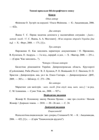 86
Типові приклади бібліографічного опису
Книги
Один автор
Філіппова О. Зустріч на кордоні / Ольга Філіппова. — К.: Академвидав, 2006.
— 422с.
Два автори
Яцина Г. С. Перша медична допомога у надзвичайних ситуаціях : [навч.-
метод. посіб. / Г. С. Яцина, А. А. Мостович] ; М-во охорони здоров'я України [та
ін.]. — Х. : Форт, 2008. — 171, [1] с.
Три автори
Пироженко О. Как заполнить первичную документацию / О. Піроженко,
В. Кузнєцов, О. Андрусь. — 3-е изд., перераб. и доп. — Х. : Фактор, 2008. — 251 с.
— (Серия "Как заполнить...").
Чотири і більше авторів
Біологічне різноманіття України. Дніпропетровська область. Круглороті
(Cyclostomata). Риби (Pisces) / В. Л. Булахов, Р. О. Новіцький, О. Є. Пахомов, О. О.
Христов ; Дніпропетров. нац. ун-т ім. Олеся Гончара. — Дніпропетровськ : ДНУ,
2009. — 303 с. — Бібліогр.: С. 273—296.
Без автора
Маркетинг для магістрів : навч. посіб. [для студ. вищ. навч. закл.] / за ред.
С. М. Ілляшенка. — Суми: Унів. кн., 2008. — 927 с.
Періодичне видання
Жовнір Н. Основному закону Пилипа Орлика — вже три століття / Наталія
Жовнір // Дзеркало тижня. — 2010. — 20—26 лют. — С. 24.
Довідкові видання
Енциклопедії
Психологічна енциклопедія / авт.-упоряд. Степанов О. М. — К. : Академвидав,
2006. — 422, [1] с. — (Серія "Енциклопедія ерудита").
 