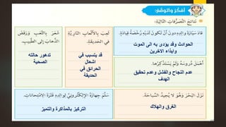 ‫الموت‬ ‫الى‬ ‫به‬ ‫يؤدى‬ ‫وقد‬ ‫الحوادث‬
‫االخرين‬ ‫وايذاء‬
‫تحقيق‬ ‫وعدم‬ ‫والفشل‬ ‫النجاح‬ ‫عدم‬
‫الهدف‬
‫والهالك‬ ‫الغرق‬
‫في‬ ‫يتسبب‬ ‫قد‬
‫اشعال‬
‫في‬ ‫الحرائق‬
‫الحديقة‬
‫حالته‬ ‫تدهور‬
‫الصحية‬
‫والتميز‬ ‫بالمذاكرة‬ ‫التركيز‬
 