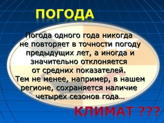 Погода одного года никогдаПогода одного года никогда
не повторяет в точности погодуне повторяет в точности погоду
предыдущих лет, а иногда ипредыдущих лет, а иногда и
значительно отклоняетсязначительно отклоняется
от средних показателей.от средних показателей.
Тем не менее, например, в нашемТем не менее, например, в нашем
регионе, сохраняется наличиерегионе, сохраняется наличие
четырех сезонов года…четырех сезонов года…
 