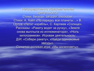 Непосредственно образовательнаяНепосредственно образовательная
деятельность.деятельность.
Стихи, беседы, загадки, рассказы.Стихи, беседы, загадки, рассказы.
Стихи: А. Хайт «По порядку все планеты…» В.Стихи: А. Хайт «По порядку все планеты…» В.
Орлов «Летит корабль», С. Карпеев «Солнце».Орлов «Летит корабль», С. Карпеев «Солнце».
Рассказы: «Ракету водят за ручку», «ЗемляРассказы: «Ракету водят за ручку», «Земля
снова выплыла из иллюминатора», «Нольснова выплыла из иллюминатора», «Ноль
килограммов». Игровая деятельность:килограммов». Игровая деятельность:
Д/И: «Собери ракету», «Найди одинаковыеД/И: «Собери ракету», «Найди одинаковые
звезды».звезды».
Сюжетно-ролевая игра: «Мы космонавты».Сюжетно-ролевая игра: «Мы космонавты».
 