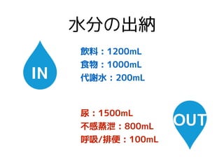 水分の出納
IN
飲料 : 1200mL
食物 : 1000mL
代謝水 : 200mL
尿 : 1500mL
不感蒸泄 : 800mL
呼吸/排便 : 100mL
OUT
 