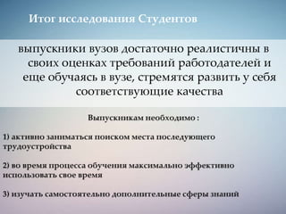 выпускники вузов достаточно реалистичны в
своих оценках требований работодателей и
еще обучаясь в вузе, стремятся развить у себя
соответствующие качества
Итог исследования Студентов
 