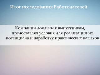 Компании лояльны к выпускникам,
предоставляя условия для реализации их
потенциала и наработку практических навыков
Итог исследования Работодателей
 