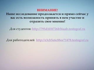 ВНИМАНИЕ!
Наше исследование продолжается и прямо сейчас у
вас есть возможность принять в нем участие и
отразить свое мнение!
Для студентов: http://795d103f726b56aab.testograf.ru
Для работодателей: http://e3cb5e6c88ee71478.testograf.ru
 