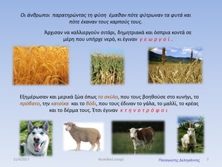 Οι άνθρωποι παρατηρώντας τη φύση έμαθαν πότε φύτρωναν τα φυτά και
πότε έκαναν τους καρπούς τους.
Άρχισαν να καλλιεργούν σιτάρι, δημητριακά και όσπρια κοντά σε
μέρη που υπήρχε νερό, κι έγιναν γ ε ω ρ γ ο ί .
Εξημέρωσαν και μερικά ζώα όπως το σκύλο, που τους βοηθούσε στο κυνήγι, το
πρόβατο, την κατσίκα και το βόδι, που τους έδιναν το γάλα, το μαλλί, το κρέας
και το δέρμα τους. Έτσι έγιναν κ τ η ν ο τ ρ ό φ ο ι
21/4/2017 3Νεολιθική εποχή Παναγιώτης Δεληγιάννης
 