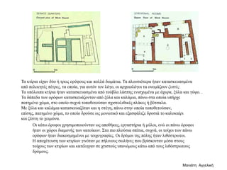 Οι κάτω όροφοι χρησιμοποιούνταν ως αποθήκες, εργαστήρια ή μύλοι, ενώ οι πάνω όροφοι
ήταν οι χώροι διαμονής των κατοίκων. Στα πιο πλούσια σπίτια, συχνά, οι τοίχοι των πάνω
ορόφων ήταν διακοσμημένοι με τοιχογραφίες. Οι δρόμοι της πόλης ήταν λιθόστρωτοι.
Η αποχέτευση των κτιρίων γινόταν με πήλινους σωλήνες που βρίσκονταν μέσα στους
τοίχους των κτιρίων και κατέληγαν σε χτιστούς υπονόμους κάτω από τους λιθόστρωτους
δρόμους.
Τα κτίρια είχαν δύο ή τρεις ορόφους και πολλά δωμάτια. Τα πλουσιότερα ήταν κατασκευασμένα
από πελεκητές πέτρες, τα οποία, για αυτόν τον λόγο, οι αρχαιολόγοι τα ονομάζουν ξεστές.
Τα υπόλοιπα κτίρια ήταν κατασκευασμένα από τούβλα λάσπης ενισχυμένα με άχυρα, ξύλα και γύψο. .
Τα δάπεδα των ορόφων κατασκευάζονταν από ξύλα και καλάμια, πάνω στα οποία υπήρχε
πατημένο χώμα, στο οποίο συχνά τοποθετούσαν σχιστολιθικές πλάκες ή βότσαλα.
Με ξύλα και καλάμια κατασκευαζόταν και η στέγη, πάνω στην οποία τοποθετούσαν,
επίσης, πατημένο χώμα, το οποίο δρούσε ως μονωτικό και εξασφάλιζε δροσιά το καλοκαίρι
και ζέστη το χειμώνα.
Μανιάτη Αγγελική
 