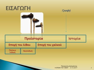 Προϊστορία Ιστορία
Εποχή του λίθου Εποχή του χαλκού
Παλαιο
λιθική
Νεολιθική
Γραφή
21/4/2017 2Η ΕΠΟΧΗ ΤΟΥ ΛΙΘΟΥ
Παναγιώτης Δεληγιάννης
 
