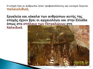 Η εποχή που οι άνθρωποι ήταν τροφοσυλλέκτες και κυνηγοί λέγεται
παλαιολιθική.
Εργαλεία και κόκαλα των ανθρώπων αυτής της
εποχής έχουν βρει οι αρχαιολόγοι και στην Ελλάδα
όπως στο σπήλαιο των Πετραλώνων στη
Χαλκιδική
21/4/2017 11Η ΕΠΟΧΗ ΤΟΥ ΛΙΘΟΥ
Παναγιώτης Δεληγιάννης
 