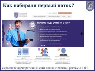 Серьёзный корпоративный сайт для контекстной рекламы и ФБ
Как набирали первый поток?
 