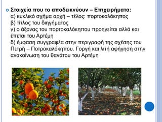  Στοιχεία που το αποδεικνύουν – Επιχειρήματα:
α) κυκλικό σχήμα αρχή – τέλος: πορτοκαλόκηπος
β) τίτλος του διηγήματος
γ) ο άξονας του πορτοκαλόκηπου προηγείται αλλά και
έπεται του Αρτέμη
δ) έμφαση συγγραφέα στην περιγραφή της σχέσης του
Πετρή – Ποτροκαλόκηπου. Γοργή και λιτή αφήγηση στην
ανακοίνωση του θανάτου του Αρτέμη
 