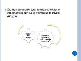 Στο ποίημα συμπλέκεται το ατομικό στοιχείο
(προσωπικές εμπειρίες ποιητή) με το εθνικό
στοιχείο.
έκφραση
ατομικού
εγώ - πορεία
του ποιητή
πορεία
του
έθνους
 