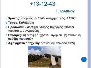 +13-12-43
Γ. ΙΩΆΝΝΟΥ
 Χρόνος: ιστορικός  1943, αφηγηματικός 1963
 Τόπος: Καλάβρυτα
 Πρόσωπα: 2 αδέλφια, νεκρός 16χρονος, ντόπιοι
τουρίστες, συγγραφέας
 Ενότητες: α) εκταφή 16χρονου αγοριού β) επίσκεψη
ομάδας τουριστών
 Αφηγηματική τεχνική: ρεαλισμός, γλώσσα απλή
 