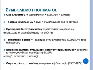 ΣΥΜΒΟΛΙΣΜΟΊ ΠΟΙΉΜΑΤΟΣ
 Οδός Αιγύπτου  Θεσσαλονίκη = ολόκληρη η Ελλάδα.
 Τράπεζα Συναλλαγών = είναι η συναλλαγή σε όλα τα επίπεδα
 Πρακτορεία Μεταναστεύσεως = μεταναστευτικό ρεύμα ως
αποτέλεσμα της κακοδιοίκησης της χούντας
 Τουριστικά Γραφεία = Τουρισμός στην Ελλάδα που αλλοτριώνει τους
ανθρώπους
 Βαριές αρρώστιες, πλημμύρες, καταποντισμοί, σεισμοί = δύσκολες
ιστορικές συνθήκες που έζησε η Ελλάδα
(κατοχή, αντίσταση, εμφύλιος)
 Θωρακισμένοι στρατιώτες = στρατιωτική δικτατορία (1967-1974)
 