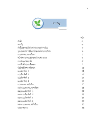 คํานํา
สารบัญ
คําชี้แจงการใชเอกสารประกอบการเรียน
จุดประสงคการใชเอกสารประกอบการเรียน
แบบทดสอบกอนเรียน
หนาที่ของสวนประกอบตางๆ ของดอก
การจําแนกดอกพืช
การสืบพันธุของพืชดอก
วัฏจักรชีวิตของพืชดอก
แบบฝกหัดที่ 1
แบบฝกหัดที่ 2
แบบฝกหัดที่ 3
แบบฝกหัดที่ 4
แบบทดสอบหลังเรียน
เฉลยแบบทดสอบกอนเรียน
เฉลยแบบฝกหัดที่ 1
เฉลยแบบฝกหัดที่ 2
เฉลยแบบฝกหัดที่ 3
เฉลยแบบฝกหัดที่ 4
เฉลยแบบทดสอบหลังเรียน
บรรณานุกรม
เอกสารประกอบการเรียน
เอกสารประกอบการเรียน
หนาที่ของสวนประกอบตางๆ ของดอก
การสืบพันธุของพืชดอก
ดอก
เฉลยแบบทดสอบกอนเรียน
เฉลยแบบทดสอบหลังเรียน
สารบัญ
ค
หนา
ก
ข
ง
จ
1
4
5
7
11
14
15
17
18
20
23
24
25
27
28
30
33
 