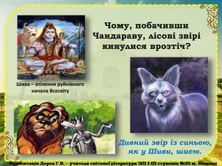 Чому, побачивши
Чандараву, лісові звірі
кинулися врозтіч?
Шива – втілення руйнівного
начала Всесвіту
Дивний звір із синьою,
як у Шиви, шиєю.
 