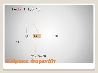 Κλίμακα Φαρενάϊτ
Τ=32 + 1,8 *C
201,8 36
32
32 + 36=68
F
 