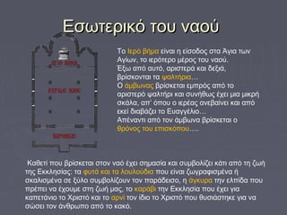 Εσωτερικό του ναούΕσωτερικό του ναού
Το Ιερό βήμα είναι η είσοδος στα Άγια των
Αγίων, το ιερότερο μέρος του ναού.
Έξω από αυτό, αριστερά και δεξιά,
βρίσκονται τα ψαλτήρια… 
Ο άμβωνας βρίσκεται εμπρός από το
αριστερό ψαλτήρι και συνήθως έχει μια μικρή
σκάλα, απ’ όπου ο ιερέας ανεβαίνει και από
εκεί διαβάζει το Ευαγγέλιο…
Απέναντι από τον άμβωνα βρίσκεται ο
θρόνος του επισκόπου….
Καθετί που βρίσκεται στον ναό έχει σημασία και συμβολίζει κάτι από τη ζωή
της Εκκλησίας: τα φυτά και τα λουλούδια που είναι ζωγραφισμένα ή
σκαλισμένα σε ξύλο συμβολίζουν τον παράδεισο, η άγκυρα την ελπίδα που
πρέπει να έχουμε στη ζωή μας, το καράβι την Εκκλησία που έχει για
καπετάνιο το Χριστό και το αρνί τον ίδιο το Χριστό που θυσιάστηκε για να
σώσει τον άνθρωπο από το κακό.
 