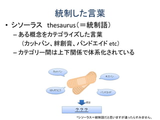 統制した言葉
• シソーラス thesaurus（＝統制語）
– ある概念をカテゴライズした言葉
（カットバン、絆創膏、バンドエイド etc）
– カテゴリー間は上下関係で体系化されている
*シソーラス＝統制語だと思いますが違ったらすみません。
 