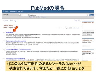 PubMedの場合
①このように可能性のあるシソーラス（Mesh）が
検索されてきます。今回だと一番上が該当しそう
 