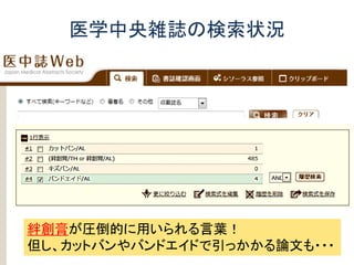 医学中央雑誌の検索状況
絆創膏が圧倒的に用いられる言葉！
但し、カットバンやバンドエイドで引っかかる論文も・・・
 