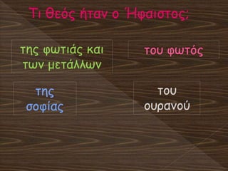 Τι θεός ήταν ο Ήφαιστος;
της φωτιάς και
των μετάλλων
του φωτός
της
σοφίας
του
ουρανού
 