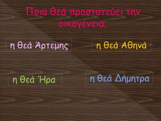 Ποια θεά προστατεύει την
οικογένεια;
η θεά Ήρα
η θεά Άρτεμης η θεά Αθηνά
η θεά Δήμητρα
 